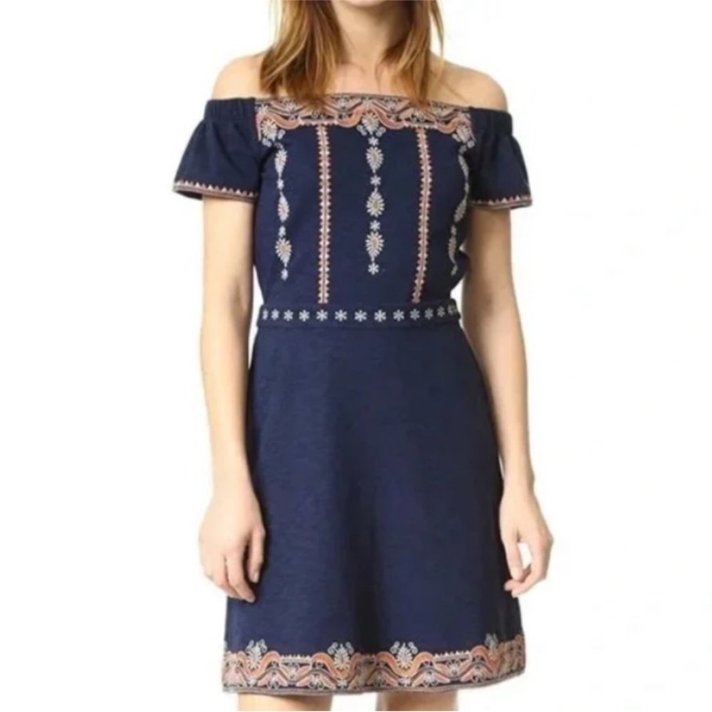 Tory Burch Nell Embroidered Navy Blue Off the Shoulder Fit and Flare Dress XS